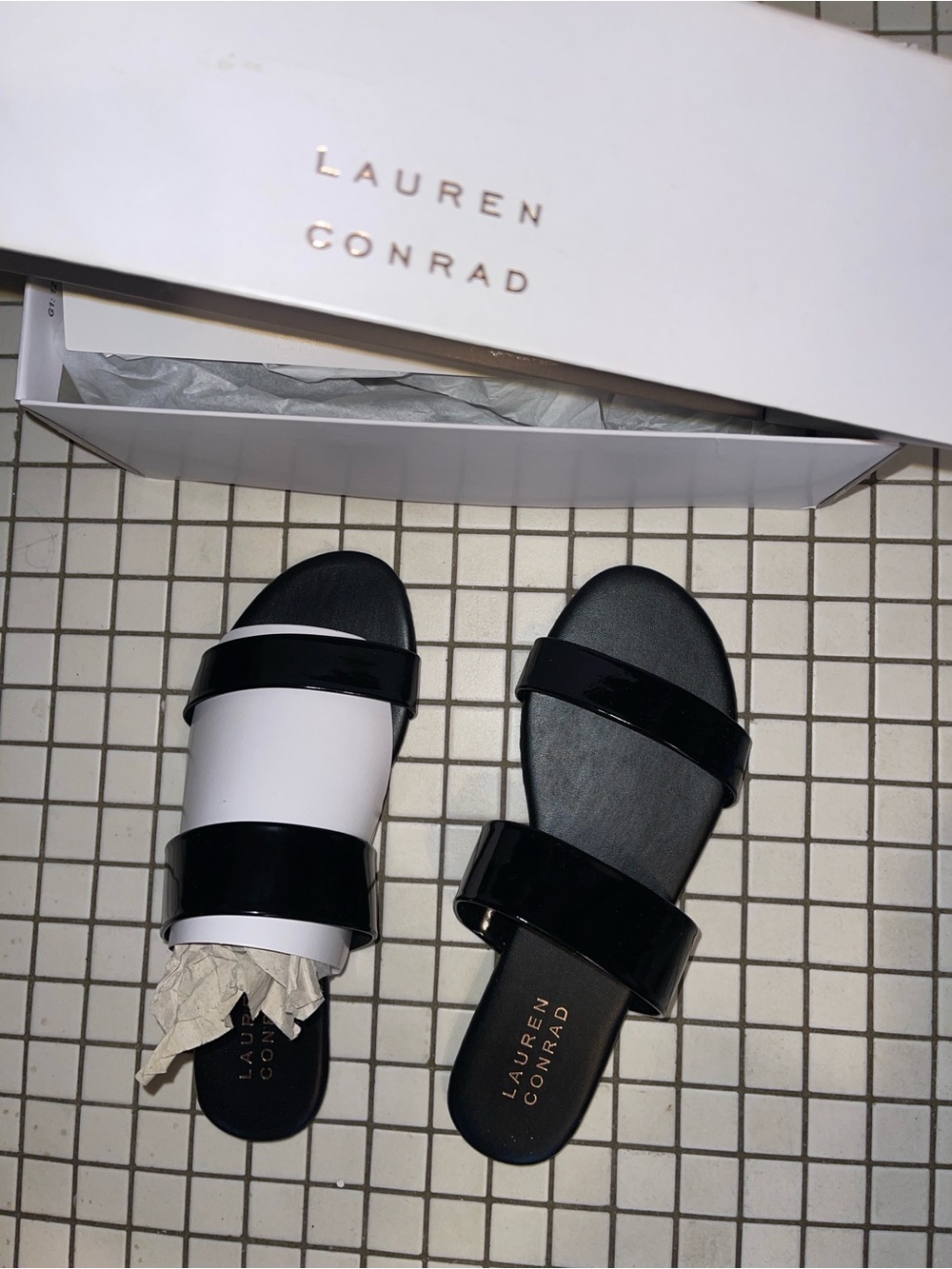 LC Lauren Conrad Black and White Two-Band Patent Slide Sandals